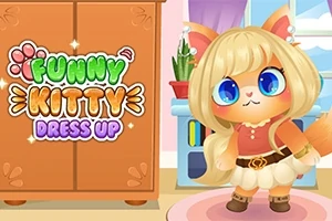 En søt, antropomorf kattefigur med blondt hår og blå øyne står i et fargerikt rom ved siden av en plakat som sier Funny Kitty Dress Up