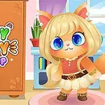 En søt, antropomorf kattefigur med blondt hår og blå øyne står i et fargerikt rom ved siden av en plakat som sier Funny Kitty Dress Up