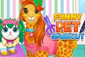 En giraff med oransje hår og en katt med grønt hår og blomsterkrans står foran en stripete bakgrunn med teksten Funny Pet Haircut