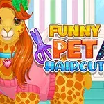 En giraff med oransje hår og en katt med grønt hår og blomsterkrans står foran en stripete bakgrunn med teksten Funny Pet Haircut
