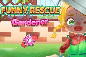 Tegneseriefigur med flekkete ansikt og hageklær foran en murvegg med teksten Funny Rescue Gardener