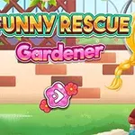 Tegneseriefigur med flekkete ansikt og hageklær foran en murvegg med teksten Funny Rescue Gardener