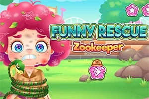 En karakter med krøllete hår omgitt av et område med trær og gress, bundet av en slange, med teksten Funny Rescue Zookeeper vist i bakgrunnen