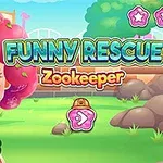 En karakter med krøllete hår omgitt av et område med trær og gress, bundet av en slange, med teksten Funny Rescue Zookeeper vist i bakgrunnen