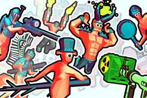 Fargerike, tegneserieaktige figurer med våpen og humoristiske kostymer i et actionfylt og kaotisk oppsett