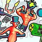 Fargerike, tegneserieaktige figurer med våpen og humoristiske kostymer i et actionfylt og kaotisk oppsett