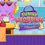 En lilla flodhest med solbriller står ved en kasse i en tegneserie-supermarked, med et skilt som sier Funny Shopping Supermarket