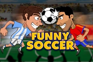 To tegneseriefigurer i blått og rødt fotballdrakt stanger sammen med en ball mellom seg, med teksten FUNNY SOCCER under