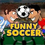 To tegneseriefigurer i blått og rødt fotballdrakt stanger sammen med en ball mellom seg, med teksten FUNNY SOCCER under
