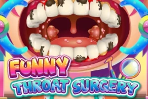 Et åpent munn med skitne tenner og betente mandler, omgitt av fargerike verktøy og teksten Funny Throat Surgery