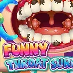 Et åpent munn med skitne tenner og betente mandler, omgitt av fargerike verktøy og teksten Funny Throat Surgery