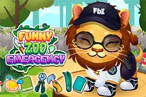 En løvefigur med solbriller og en FBI-caps står foran et fargerikt skilt med teksten Funny Zoo Emergency omgitt av ulike verktøy