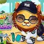 En løvefigur med solbriller og en FBI-caps står foran et fargerikt skilt med teksten Funny Zoo Emergency omgitt av ulike verktøy