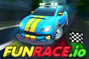 Blå bil med gule striper i fart mot et målflagg, med teksten FUNRACE
