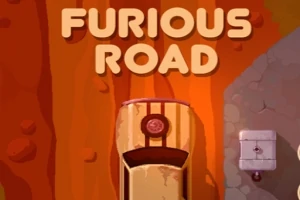 En bil kjører ned en brun vei med teksten Furious Road over
