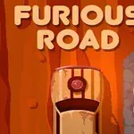 En bil kjører ned en brun vei med teksten Furious Road over