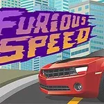 Rød sportsbil på buet vei foran skyskrapere, med teksten Furious Speed i lilla og gule bokstaver