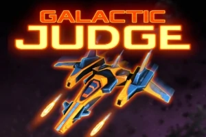 Et futuristisk romskip med oransje og blå detaljer skyter ild, med teksten GALACTIC JUDGE i bakgrunnen