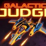 Et futuristisk romskip med oransje og blå detaljer skyter ild, med teksten GALACTIC JUDGE i bakgrunnen