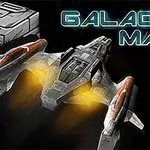 Romskip med lysende motorer omgitt av store metalliske kasser i verdensrommet, med teksten Galactic Maze i bakgrunnen