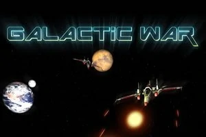 Romskip i kamp med planeter i bakgrunnen og teksten Galactic War