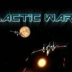 Romskip i kamp med planeter i bakgrunnen og teksten Galactic War