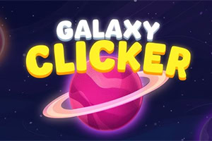 Fargerik illustrasjon av en lilla planet med ringer på en stjerneklar bakgrunn, med teksten GALAXY CLICKER i lysende bokstaver over