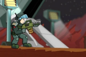 En tegneserieaktig soldat står med et gevær i hendene i et futuristisk landskap med en rød himmel