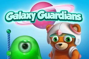 En grønn enøyet skapning og en bjørn med hjelm foran en rosa planet med teksten Galaxy Guardians i bakgrunnen