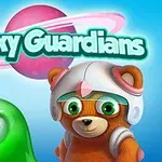 En grønn enøyet skapning og en bjørn med hjelm foran en rosa planet med teksten Galaxy Guardians i bakgrunnen