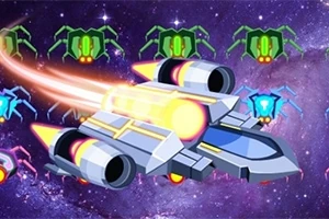 Romskip skyter gjennom en stjernehimmel med romvesenlignende skapninger i bakgrunnen
