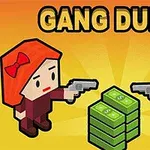 Tegnet figur med rød hatt peker pistol mot politimann med blå hatt, med en stabel penger mellom dem på en gul bakgrunn