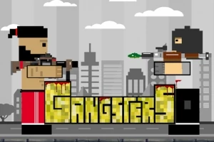 To pixelfigurer med våpen står mot hverandre over teksten Gangsters på en urban bakgrunn med skyskrapere og skyer