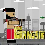 To pixelfigurer med våpen står mot hverandre over teksten Gangsters på en urban bakgrunn med skyskrapere og skyer