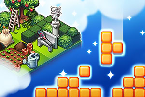 Hage med verktøy, stort tre, og statue til venstre; oransje blokker flytende i et blått himmellandskap til høyre