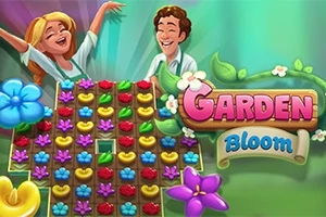 To smilende personer står over et brett med fargerike blomster og teksten Garden Bloom