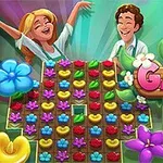 To smilende personer står over et brett med fargerike blomster og teksten Garden Bloom