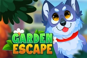 Tegnet hund med store øyne og rød krage ved siden av teksten Garden Escape på fargerik bakgrunn