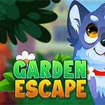 Tegnet hund med store øyne og rød krage ved siden av teksten Garden Escape på fargerik bakgrunn