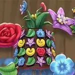 Fargerike blomster og blader arrangert i et kunstnerisk mønster med en fargerik logo i hjørnet