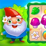 En smilende nissefigur står ved siden av et fargerikt rutenett med bilder av blader, frukt, blomster og sopp