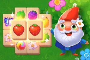 En animert nisse med rød hatt står ved siden av et puslespillbrett med fargerike fruktsymboler og blomster på en grønn bakgrunn