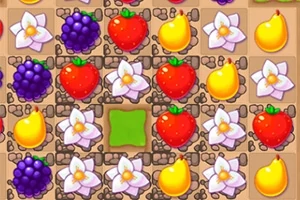 Fargerike frukter som druer, jordbær og pærer, samt hvite blomster, er arrangert på et rutemønster mot en brun bakgrunn