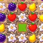 Fargerike frukter som druer, jordbær og pærer, samt hvite blomster, er arrangert på et rutemønster mot en brun bakgrunn