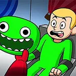 En tegneseriefigur i grønt drakt ser forskrekket ut mens en annen figur holder et grønt, smilefjes med store øyne