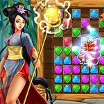 En kvinne i tradisjonell drakt holder en stav foran et brett fylt med fargerike juveler og teksten Gem Legends i hjørnet