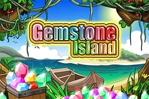 Fargerike krystaller, en trebåt og en strand med frodig vegetasjon under en blå himmel med teksten Gemstone Island i lyse bokstaver