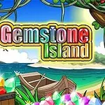 Fargerike krystaller, en trebåt og en strand med frodig vegetasjon under en blå himmel med teksten Gemstone Island i lyse bokstaver