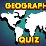 Hvit silhuett av et verdenskart med teksten Geography Quiz i gule bokstaver