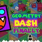 Fargerik illustrasjon med et stort lilla firkantet ansikt med skarpe tenner og teksten GEOMETRY DASH FINALLY på en bakgrunn av mønstrede linjer og mindre ansikter